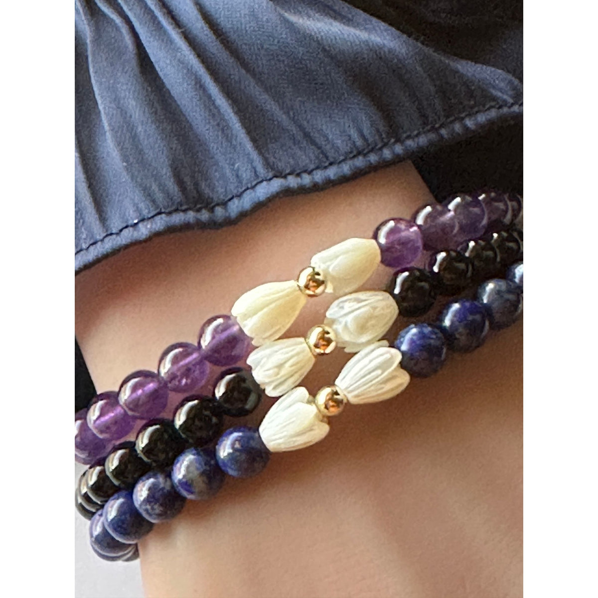 Natural 6mm Gemstone Stretch Bracelet Amethyst Lapis Onyx 14K Solid Gold Pikake MOP