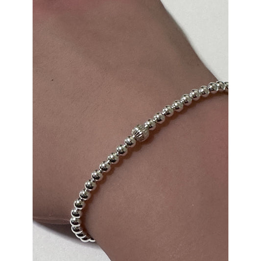 925 Sterling Silver Beaded Stretch Stacking Bracelet Minimalist Corrugated Center Bead Charm - Rafant