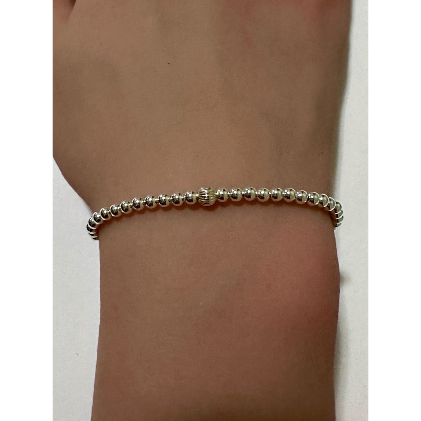925 Sterling Silver Beaded Stretch Stacking Bracelet Minimalist Corrugated Center Bead Charm - Rafant