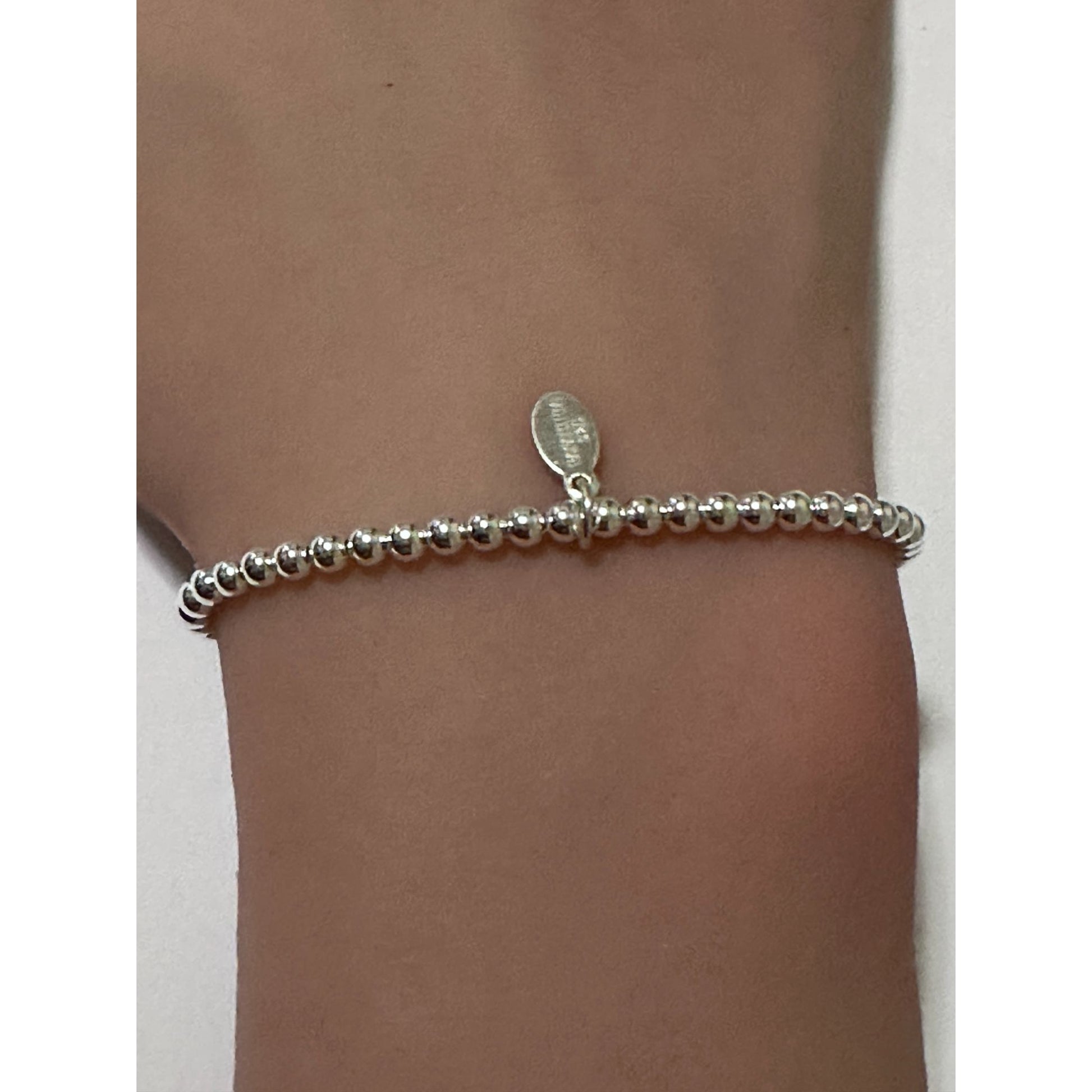 925 Sterling Silver Beaded Stretch Stacking Bracelet Minimalist Corrugated Center Bead Charm - Rafant