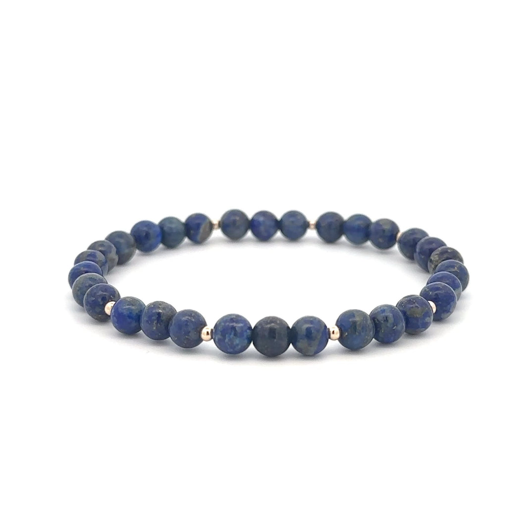 Lapis Lazuli Gemstone Beaded Stretch Bracelet with 14K Gold Accent Beads Handmade Natural Stone Jewelry Size 7.5 inches - Rafant