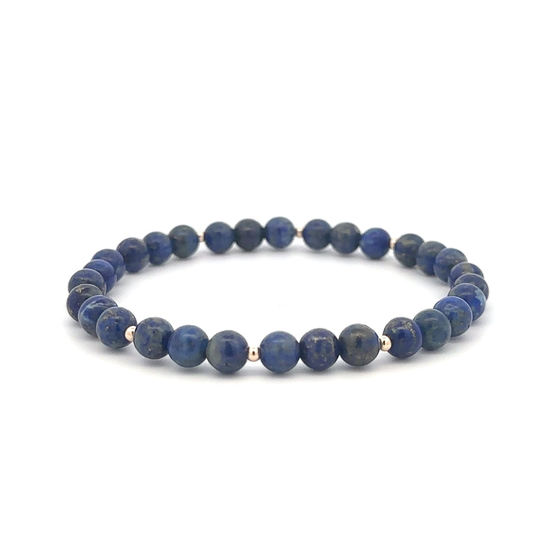 Lapis Lazuli Gemstone Beaded Stretch Bracelet with 14K Gold Accent Beads Handmade Natural Stone Jewelry Size 7.5 inches - Rafant