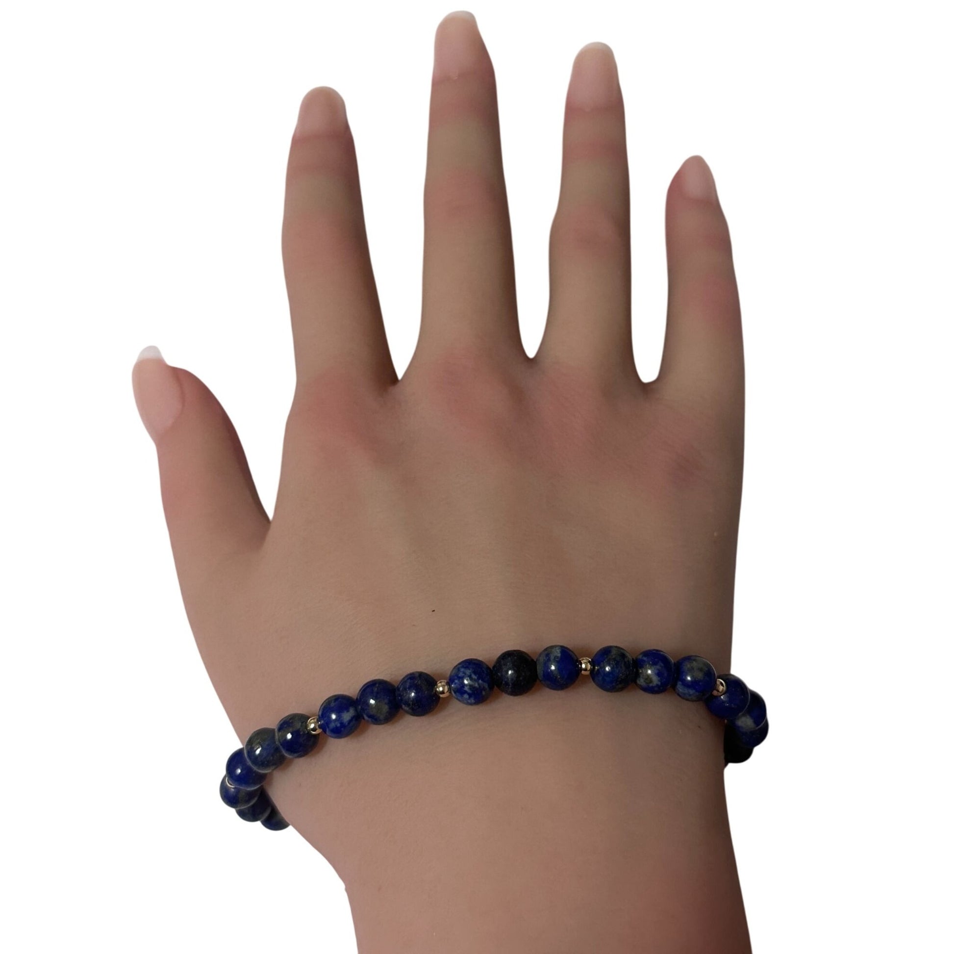 Lapis Lazuli Gemstone Beaded Stretch Bracelet with 14K Gold Accent Beads Handmade Natural Stone Jewelry Size 7.5 inches - Rafant
