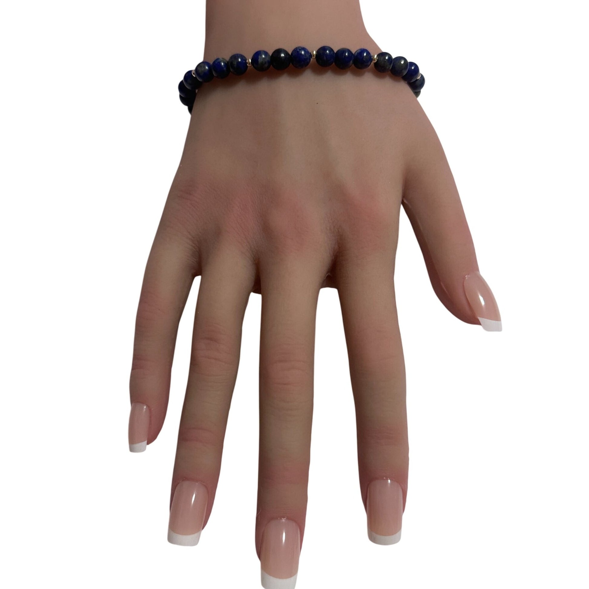 Lapis Lazuli Gemstone Beaded Stretch Bracelet with 14K Gold Accent Beads Handmade Natural Stone Jewelry Size 7.5 inches - Rafant