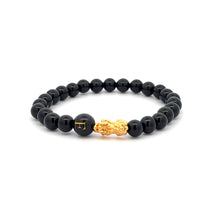 Load image into Gallery viewer, 18K Gold Pixiu Piyao Bracelet Natural Gemstones Onyx 6mm Elastic Bracelet Letter Initial Agate S6.5&quot;
