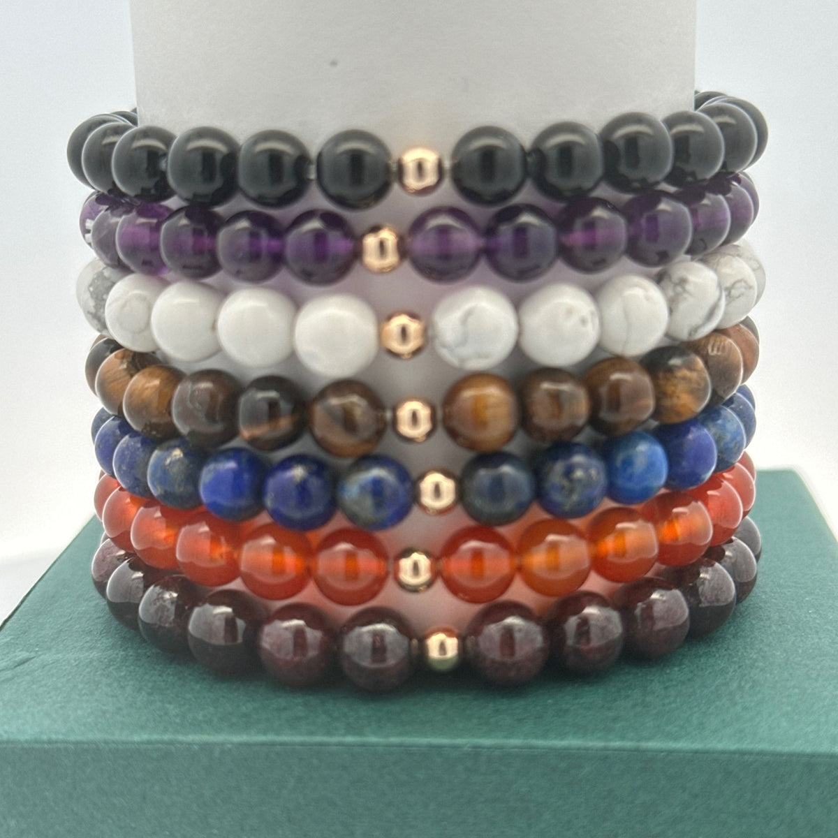 14K Gold Accent Bead Natural Gemstone Birthstones Stretch Bracelet Fine Jewelry Onyx Lapis Garnet Howlite