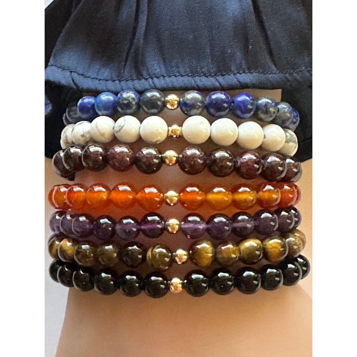 14K Gold Accent Bead Natural Gemstone Birthstones Stretch Bracelet Fine Jewelry Onyx Lapis Garnet Howlite