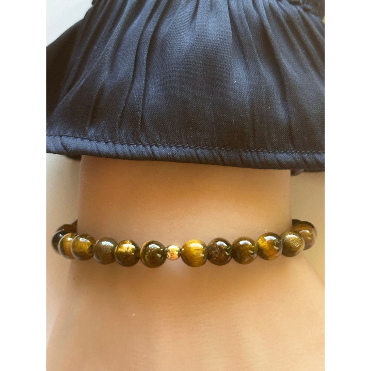 14K Gold Accent Bead Natural Gemstone Birthstones Stretch Bracelet Fine Jewelry Onyx Lapis Garnet Howlite
