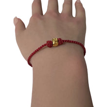 Load image into Gallery viewer, 18K Gold Money Bag Bracelet Red Gold Yarn Tiger&#39;s Eye Bead Size 6-6.5&quot;
