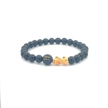 Load image into Gallery viewer, 18K Gold Pixiu Piyao Bracelet Natural Gemstones Onyx 6mm Elastic Bracelet Letter Initial Agate S6.5&quot;
