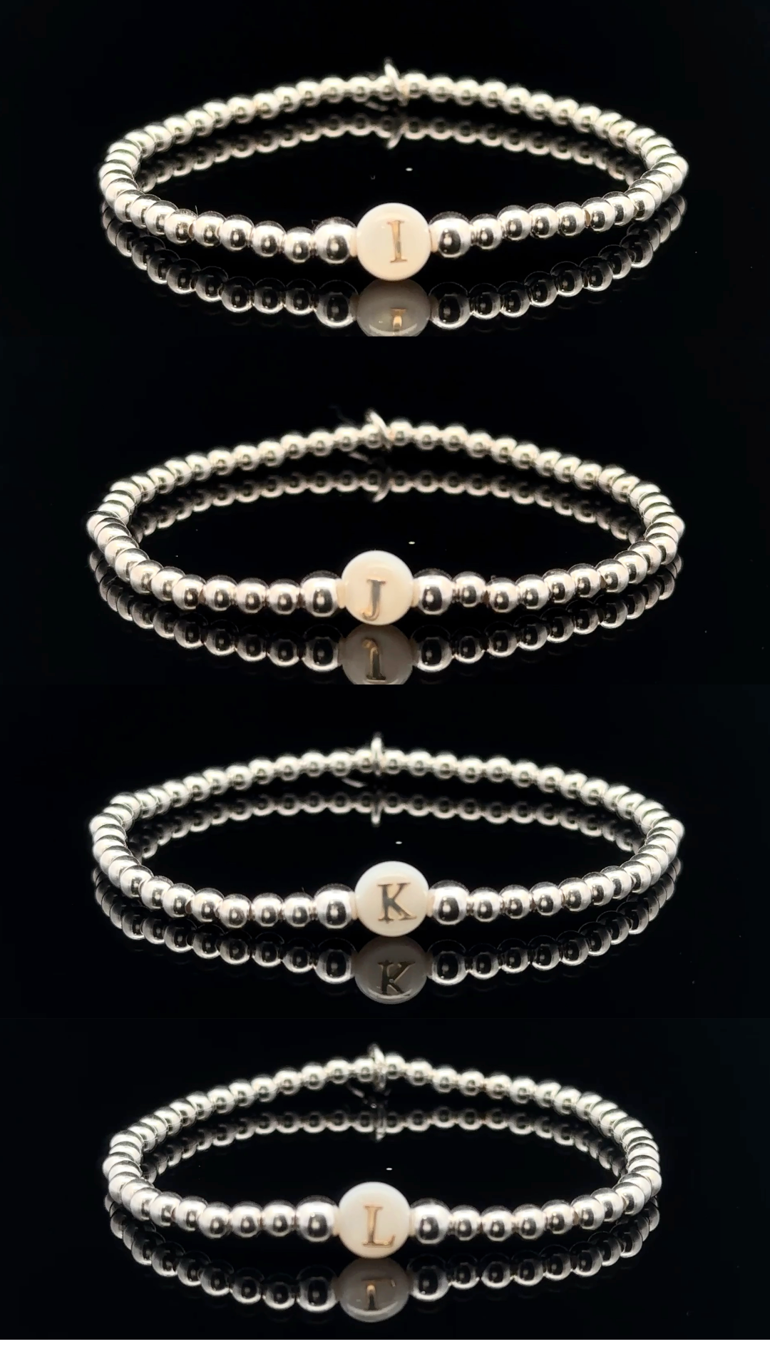 925 Sterling Silver Beaded Stretch Stacking Bracelet MOP Letters Initials - Rafant