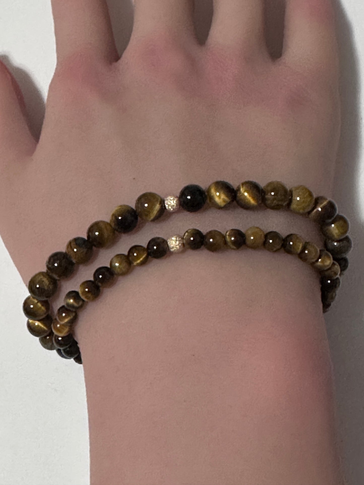 Tiger's Eye Mini 4mm 6mm Gemstone Stretch Bracelet with 14K Gold Accent Bead -Choose Yellow Polished, Stardust, Corrugated, Rose, White Stardust - Rafant