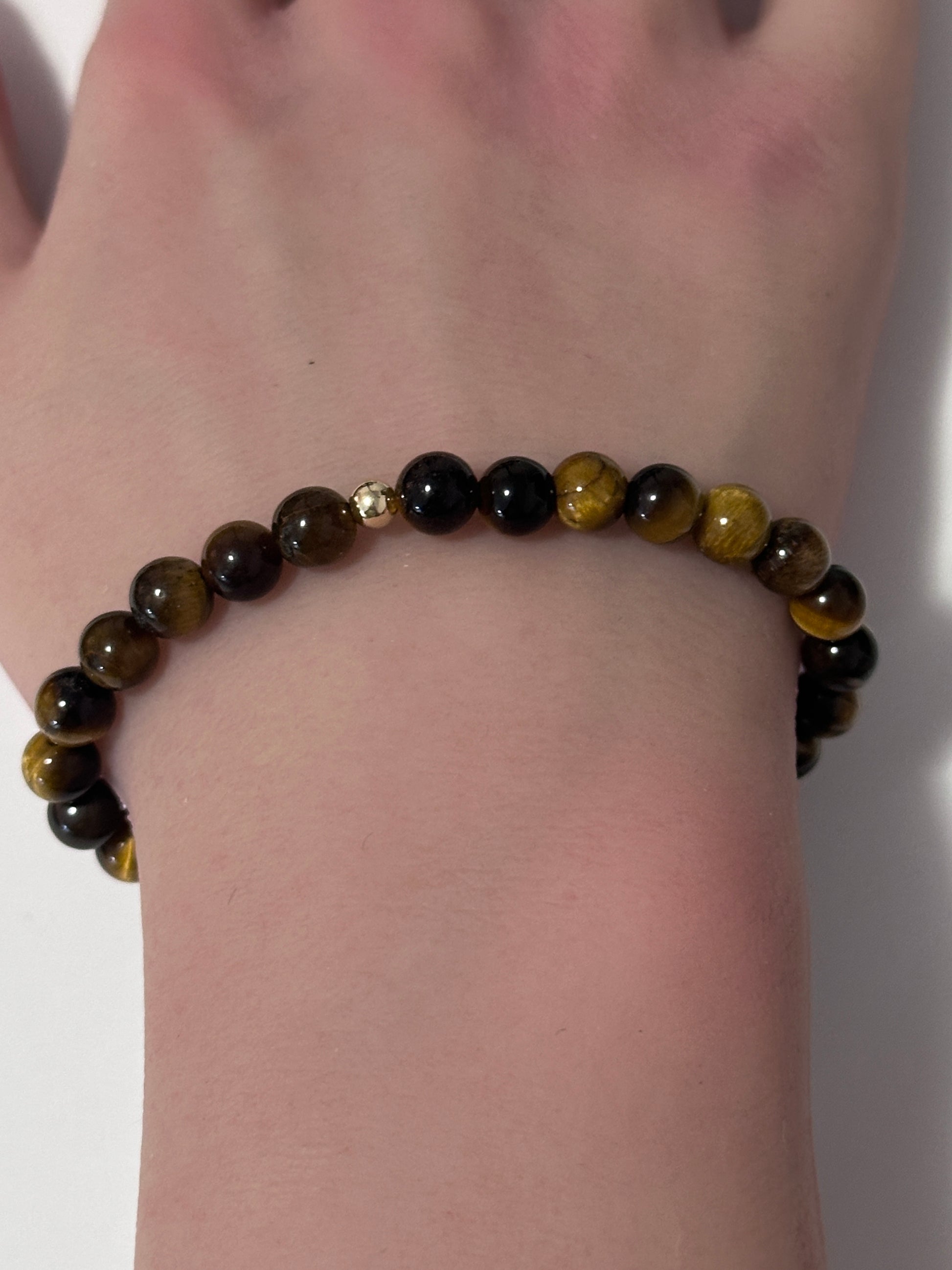 Tiger's Eye Mini 4mm 6mm Gemstone Stretch Bracelet with 14K Gold Accent Bead -Choose Yellow Polished, Stardust, Corrugated, Rose, White Stardust - Rafant