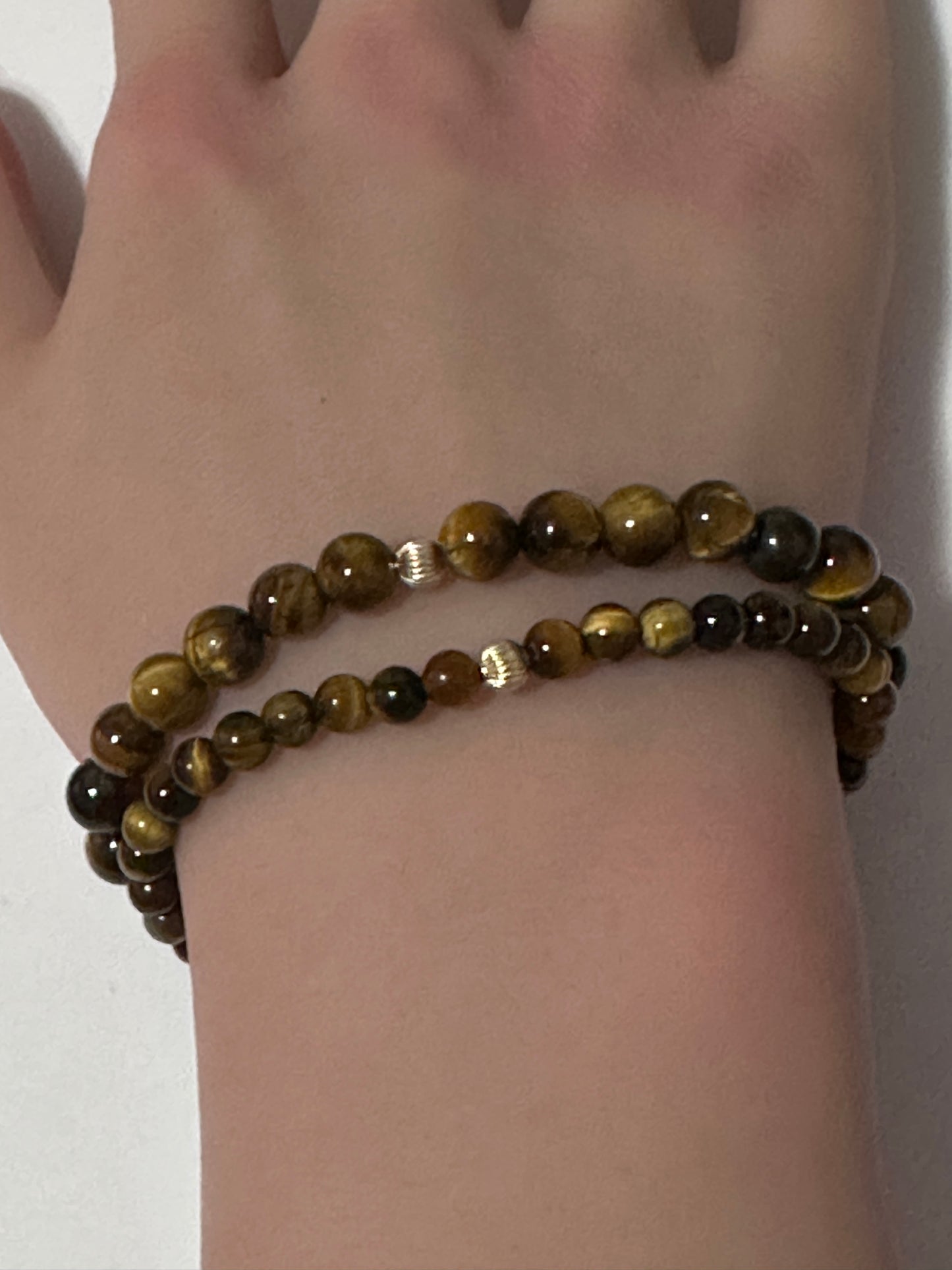 Tiger's Eye Mini 4mm 6mm Gemstone Stretch Bracelet with 14K Gold Accent Bead -Choose Yellow Polished, Stardust, Corrugated, Rose, White Stardust - Rafant