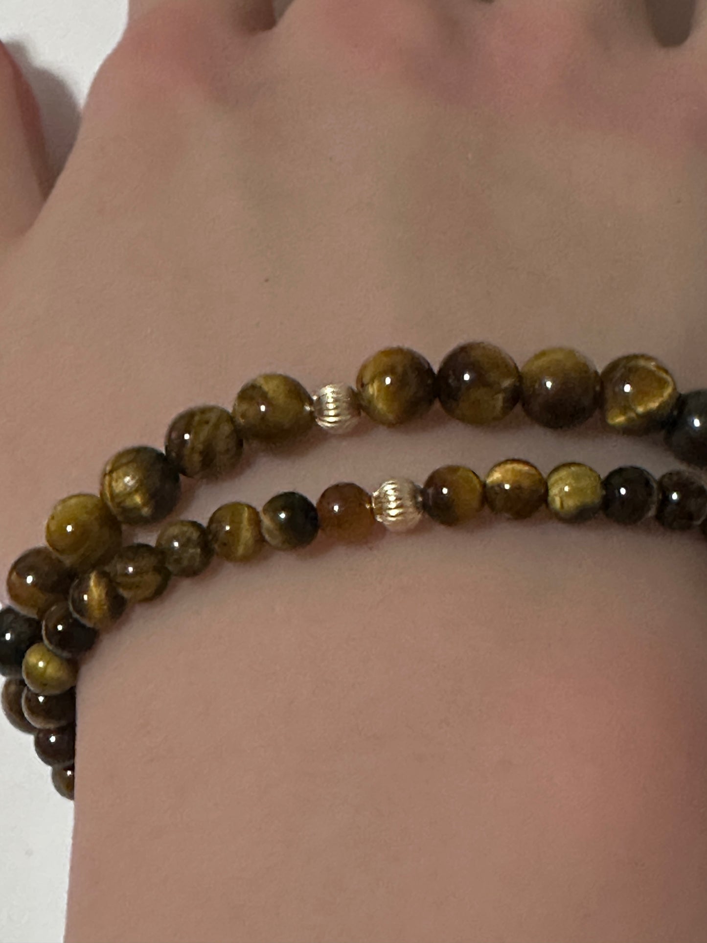 Tiger's Eye Mini 4mm 6mm Gemstone Stretch Bracelet with 14K Gold Accent Bead -Choose Yellow Polished, Stardust, Corrugated, Rose, White Stardust - Rafant