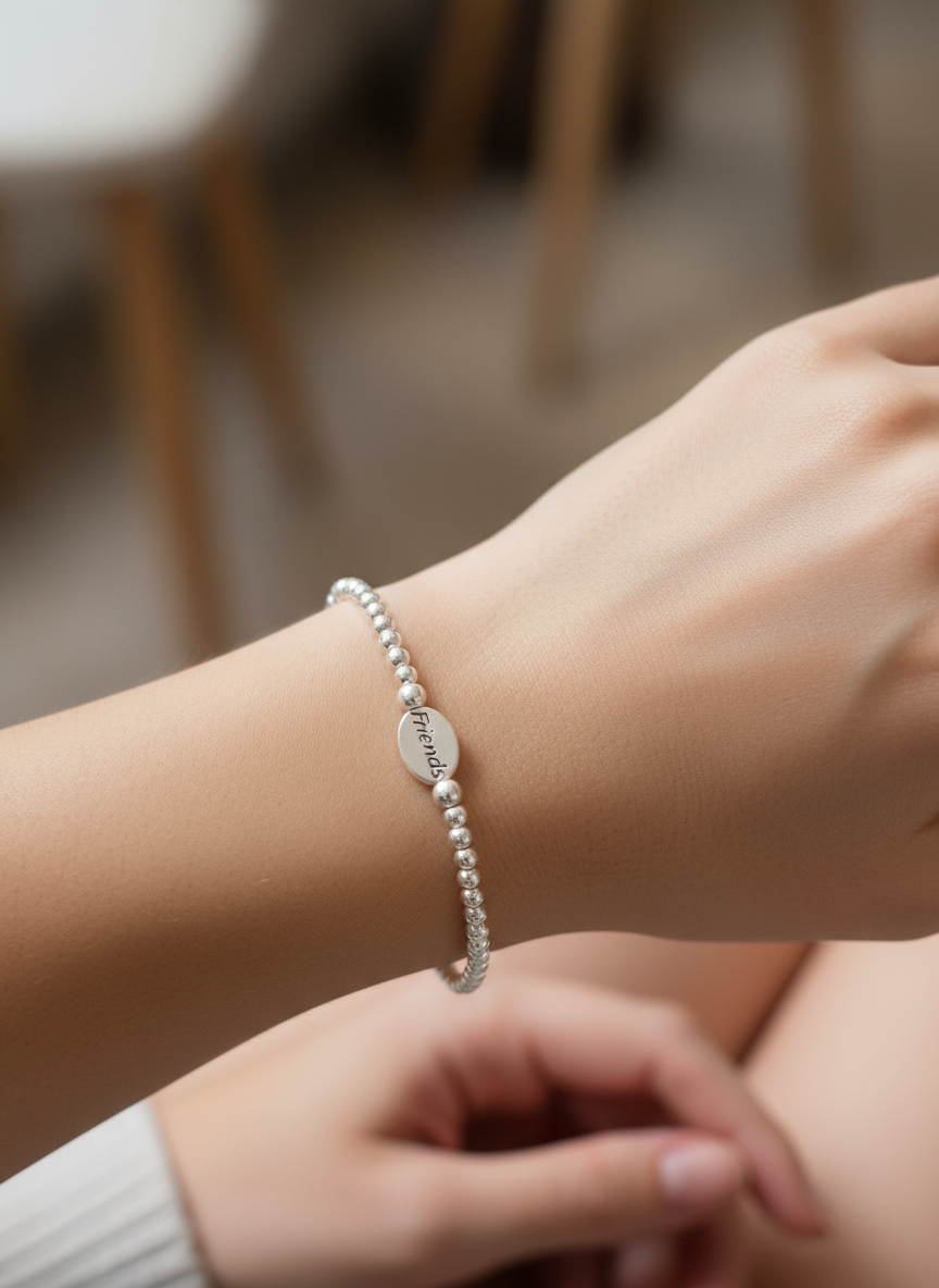 925 Sterling Silver Beaded Stretch Stacking Bracelet Minimalist Choose: Friends,Forever,Joy,Mom - Rafant