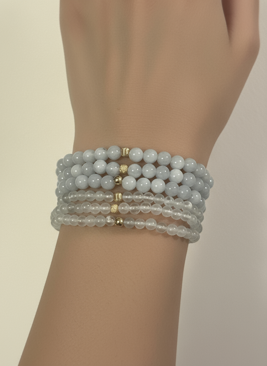 Natural Aquamarine Mini 4mm Stretch Bracelet 14k Gold Bead Choose Polished, Stardust, Corrugated - Rafant