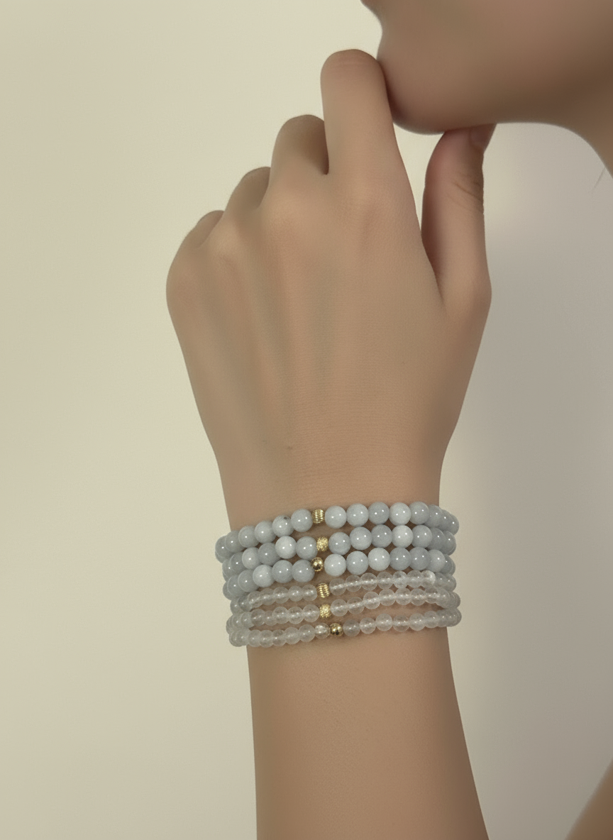 Natural Aquamarine Mini 4mm Stretch Bracelet 14k Gold Bead Choose Polished, Stardust, Corrugated - Rafant