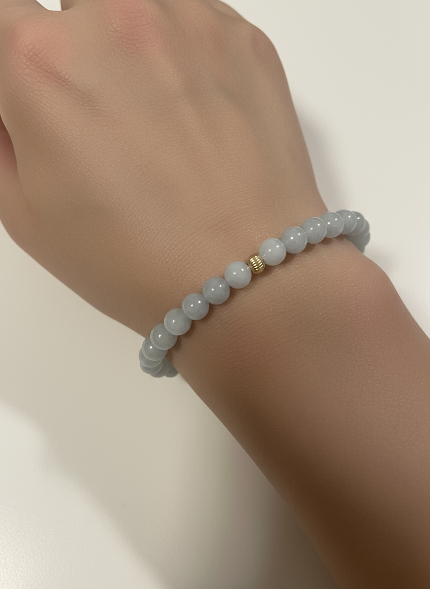 Natural Aquamarine Mini 4mm Stretch Bracelet 14k Gold Bead Choose Polished, Stardust, Corrugated - Rafant