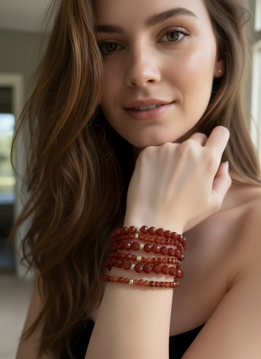 Natural Gemstones Carnelian Microfaceted 4mm Stretch Bracelet with 14K Bead Choose Polished, Stardust, Corrugated - Rafant
