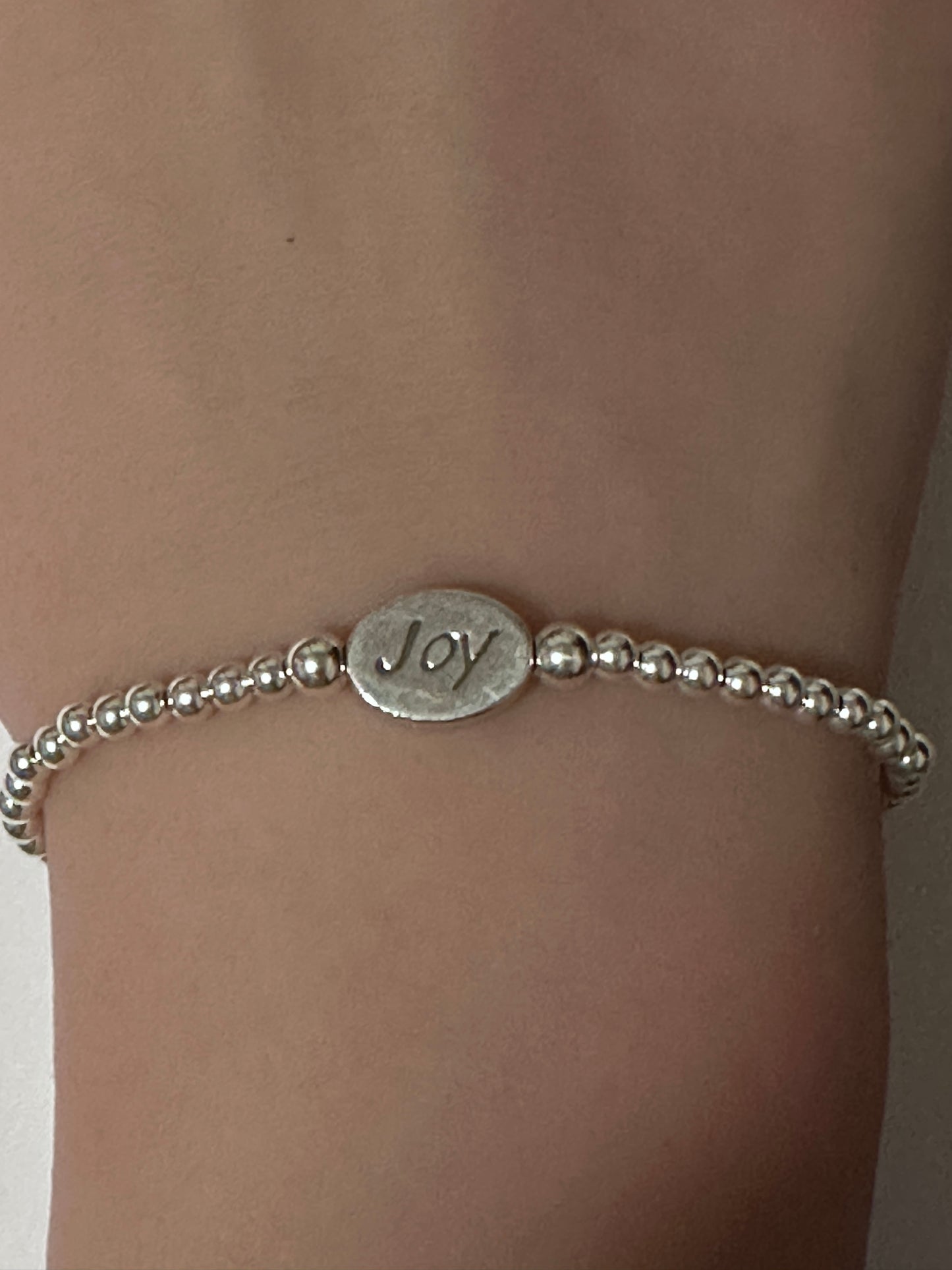 925 Sterling Silver Beaded Stretch Stacking Bracelet Minimalist Choose: Friends,Forever,Joy,Mom - Rafant
