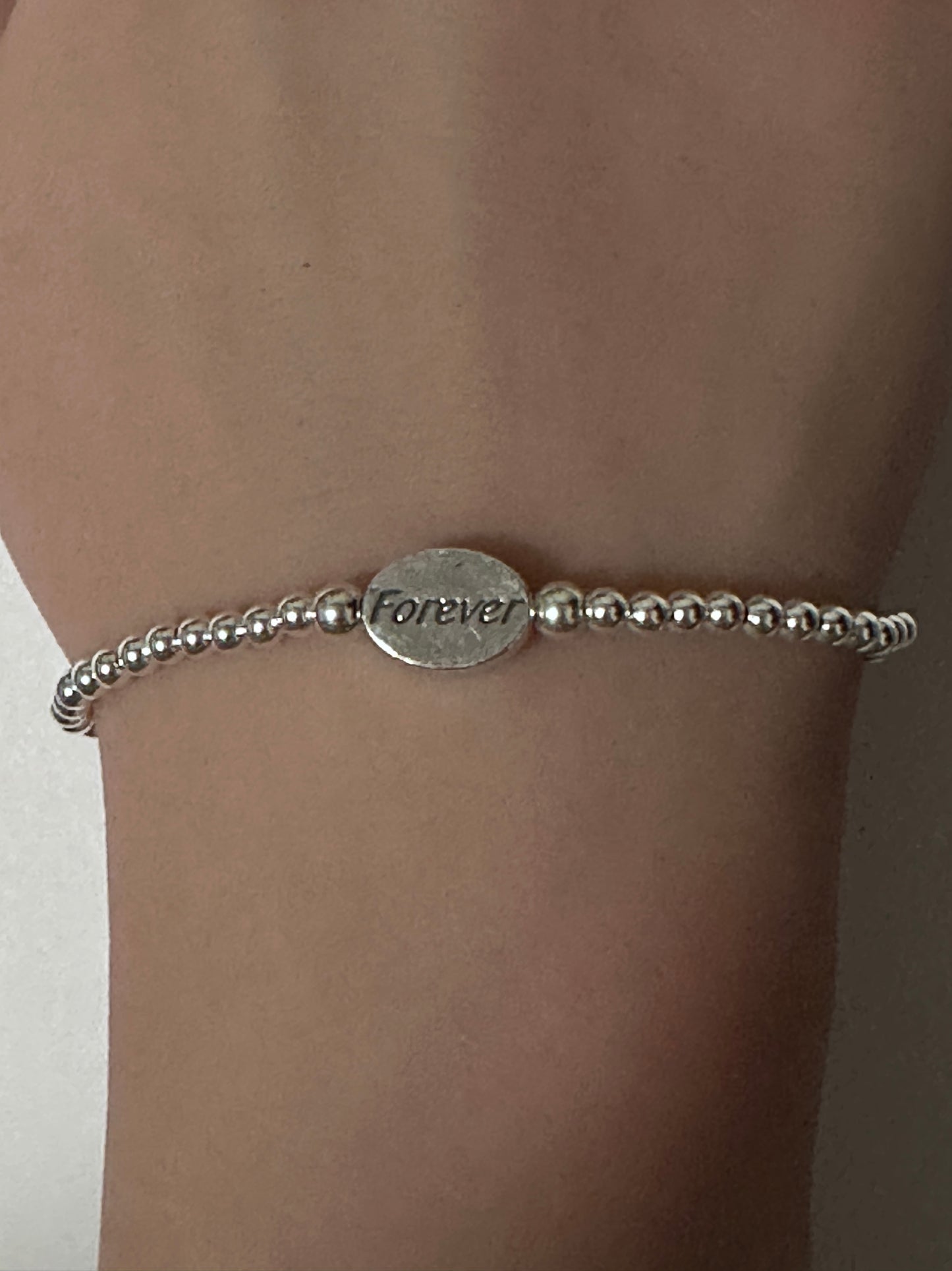 925 Sterling Silver Beaded Stretch Stacking Bracelet Minimalist Choose: Friends,Forever,Joy,Mom - Rafant