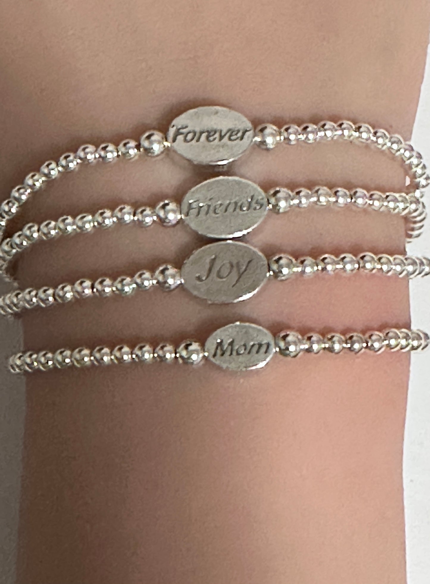 925 Sterling Silver Beaded Stretch Stacking Bracelet Minimalist Choose: Friends,Forever,Joy,Mom - Rafant