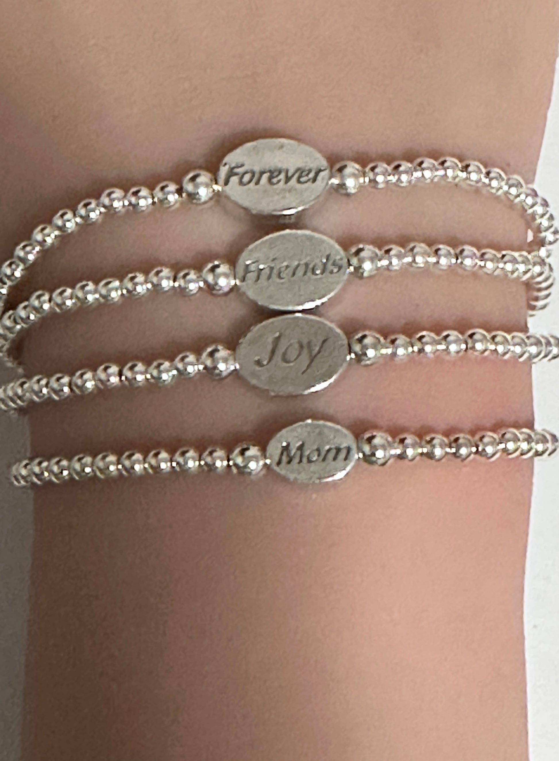 925 Sterling Silver Beaded Stretch Stacking Bracelet Minimalist Choose: Friends,Forever,Joy,Mom - Rafant