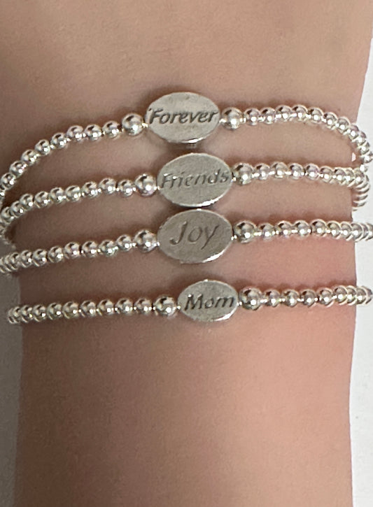 925 Sterling Silver Beaded Stretch Stacking Bracelet Minimalist Choose: Friends,Forever,Joy,Mom - Rafant