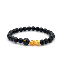 Load image into Gallery viewer, 18K Gold Pixiu Piyao Bracelet Natural Gemstones Onyx 6mm Elastic Bracelet Letter Initial Agate S6.5&quot;
