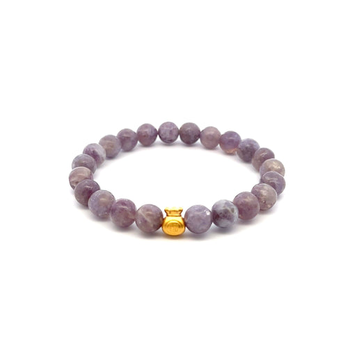 24K Gold Money Bag Lucky Charm Stretchable Bracelet Gemstones Purple Tourmaline 8mm Size 6.5