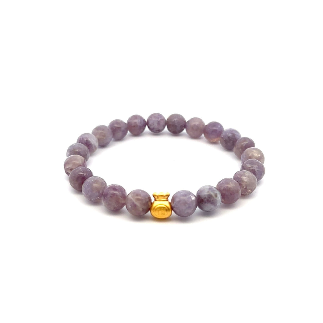 24K Gold Money Bag Lucky Charm Stretchable Bracelet Gemstones Purple Tourmaline 8mm Size 6.5