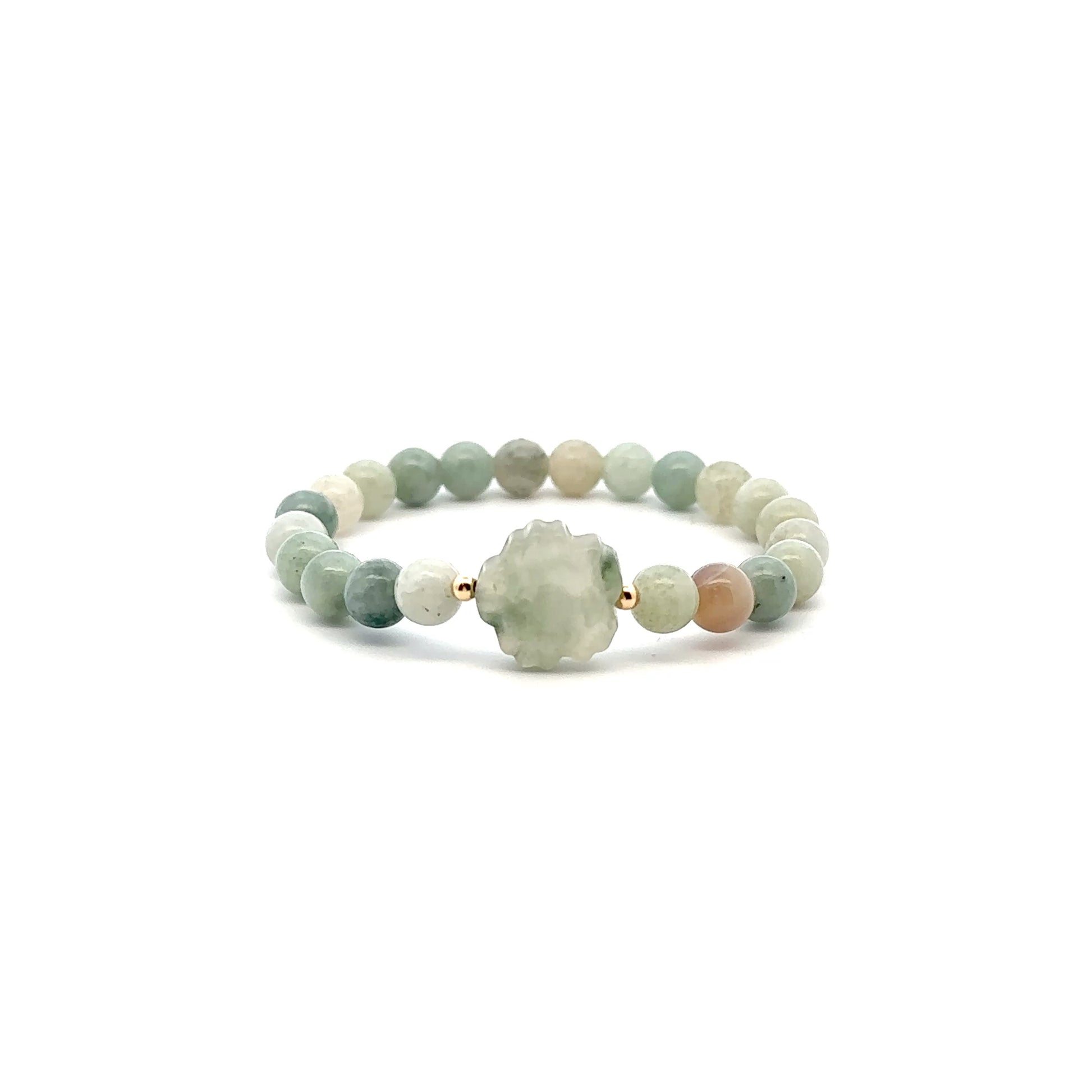 Natural Gemstones Cultured Pearl Stretch Bracelet and Jade Carved Flower with 18k Tiny Beads - Rafant