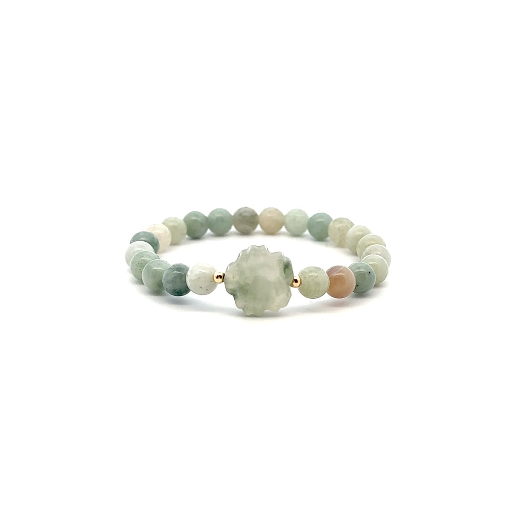 Natural Gemstones Cultured Pearl Stretch Bracelet and Jade Carved Flower with 18k Tiny Beads - Rafant