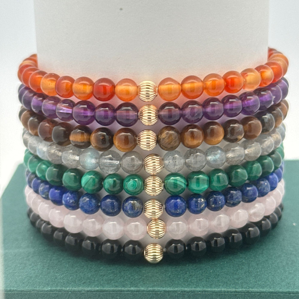 14K Gold Corrugated Accent Bead Natural Tiger's Eye Gemstone Stretch Bracelet – Stackable Fine Jewelry