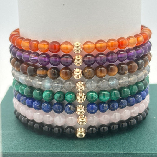 14K Gold Corrugated Accent Bead Natural Tiger's Eye Gemstone Stretch Bracelet – Stackable Fine Jewelry