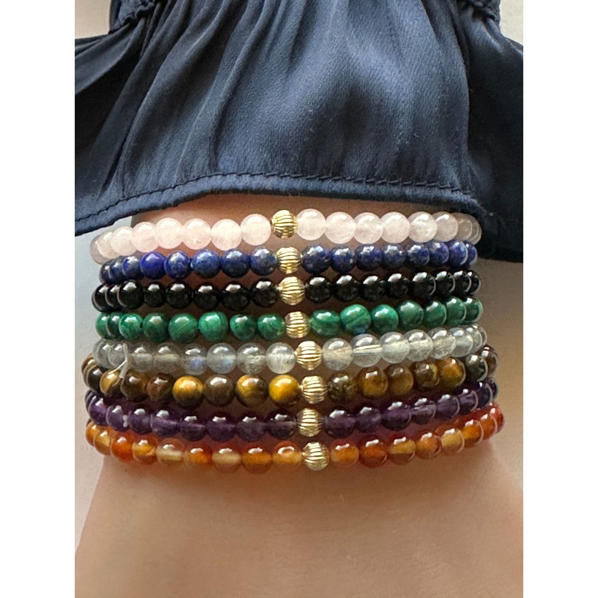 14K Gold Corrugated Accent Bead Natural Tiger's Eye Gemstone Stretch Bracelet – Stackable Fine Jewelry
