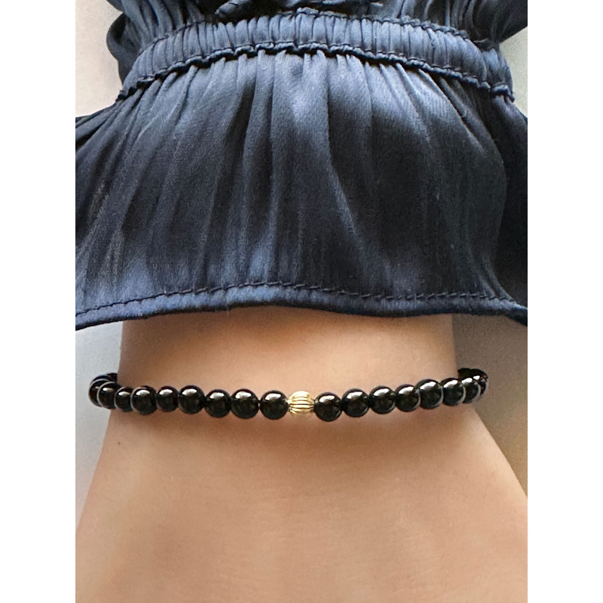 14K Gold Corrugated Accent Bead Natural Tiger's Eye Gemstone Stretch Bracelet – Stackable Fine Jewelry