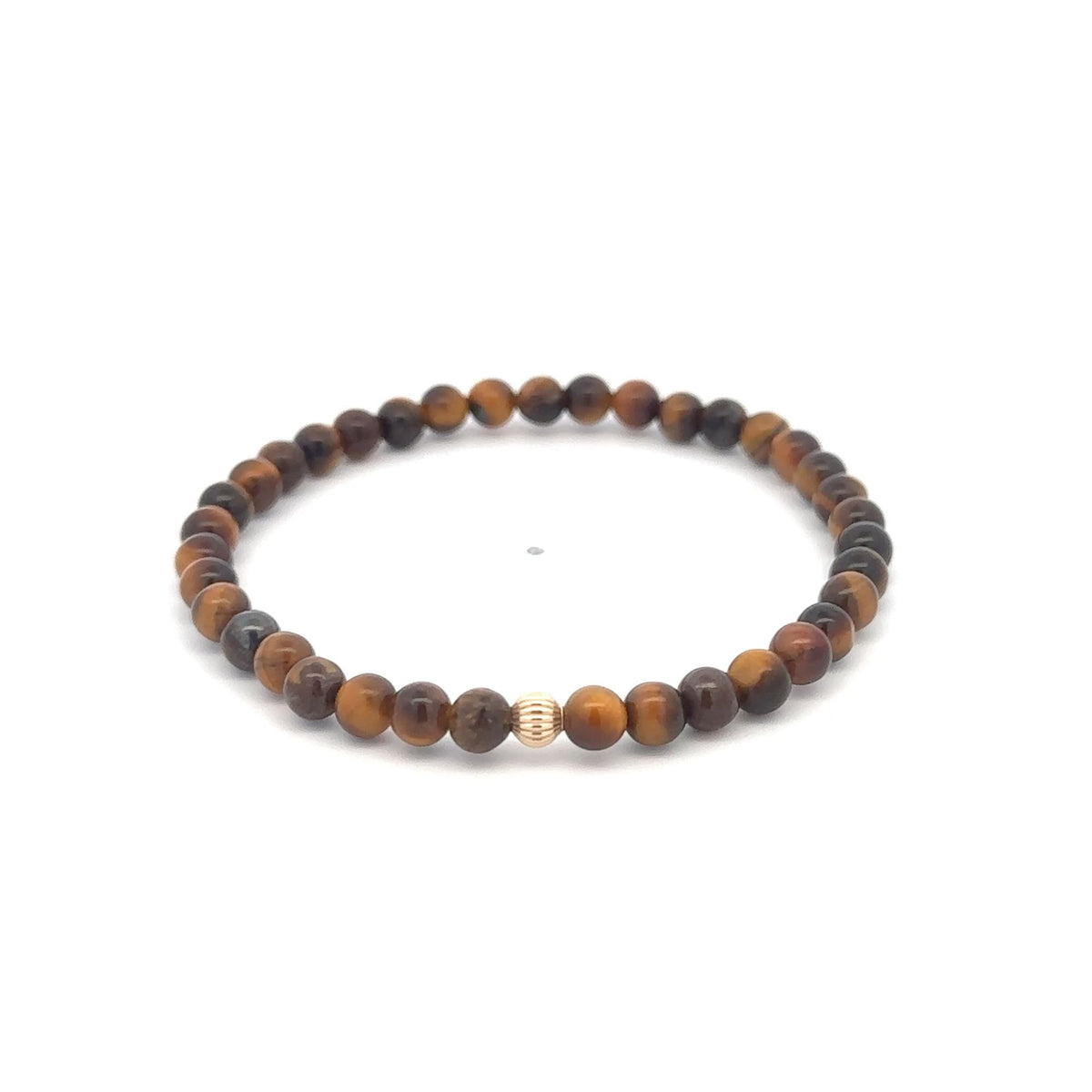 14K Gold Corrugated Accent Bead Natural Tiger's Eye Gemstone Stretch Bracelet – Stackable Fine Jewelry