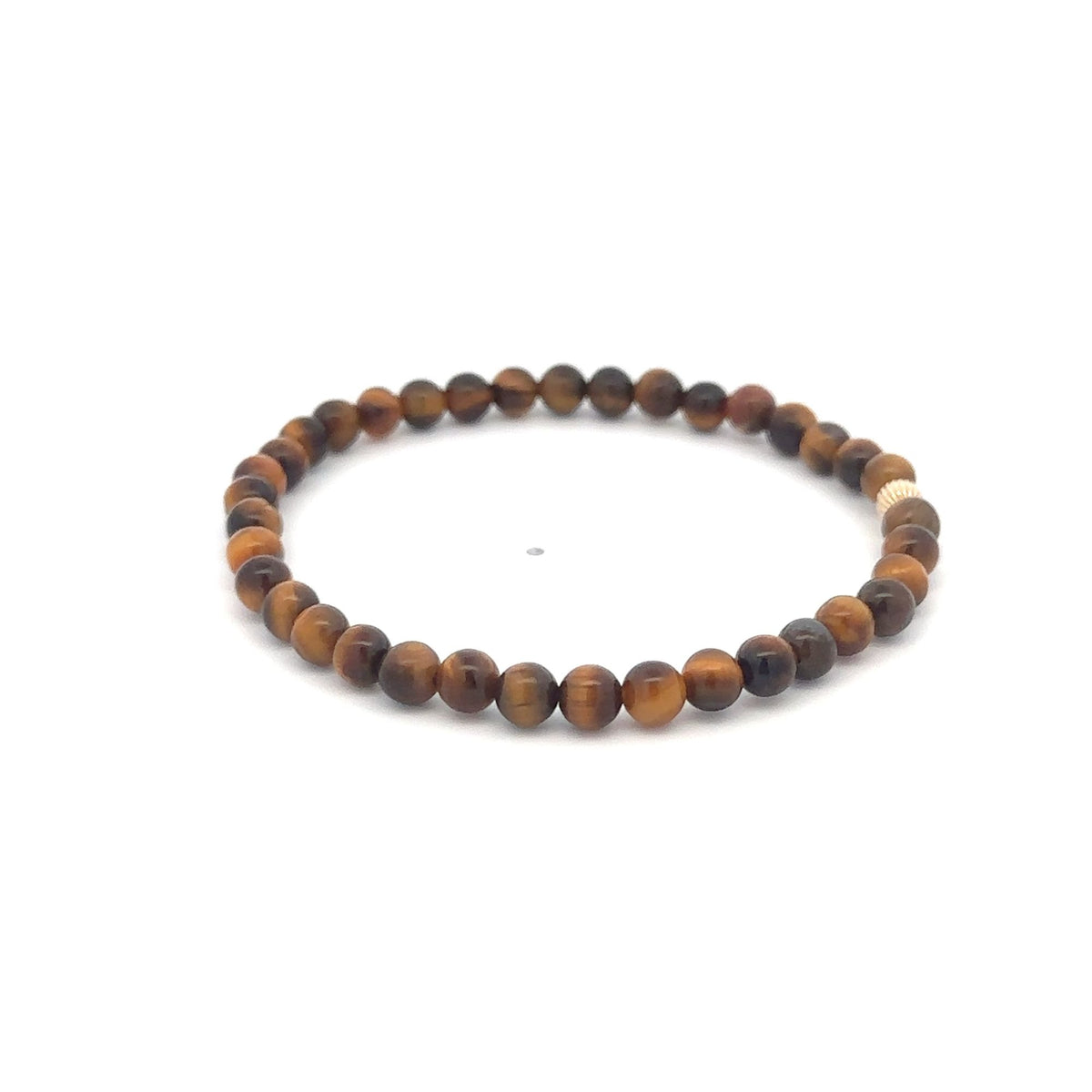 14K Gold Corrugated Accent Bead Natural Tiger's Eye Gemstone Stretch Bracelet – Stackable Fine Jewelry