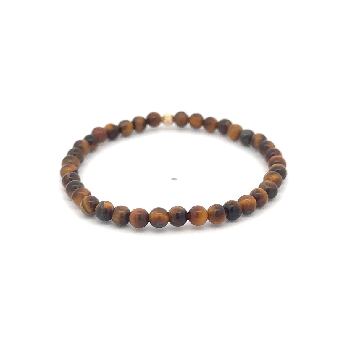 14K Gold Corrugated Accent Bead Natural Tiger's Eye Gemstone Stretch Bracelet – Stackable Fine Jewelry