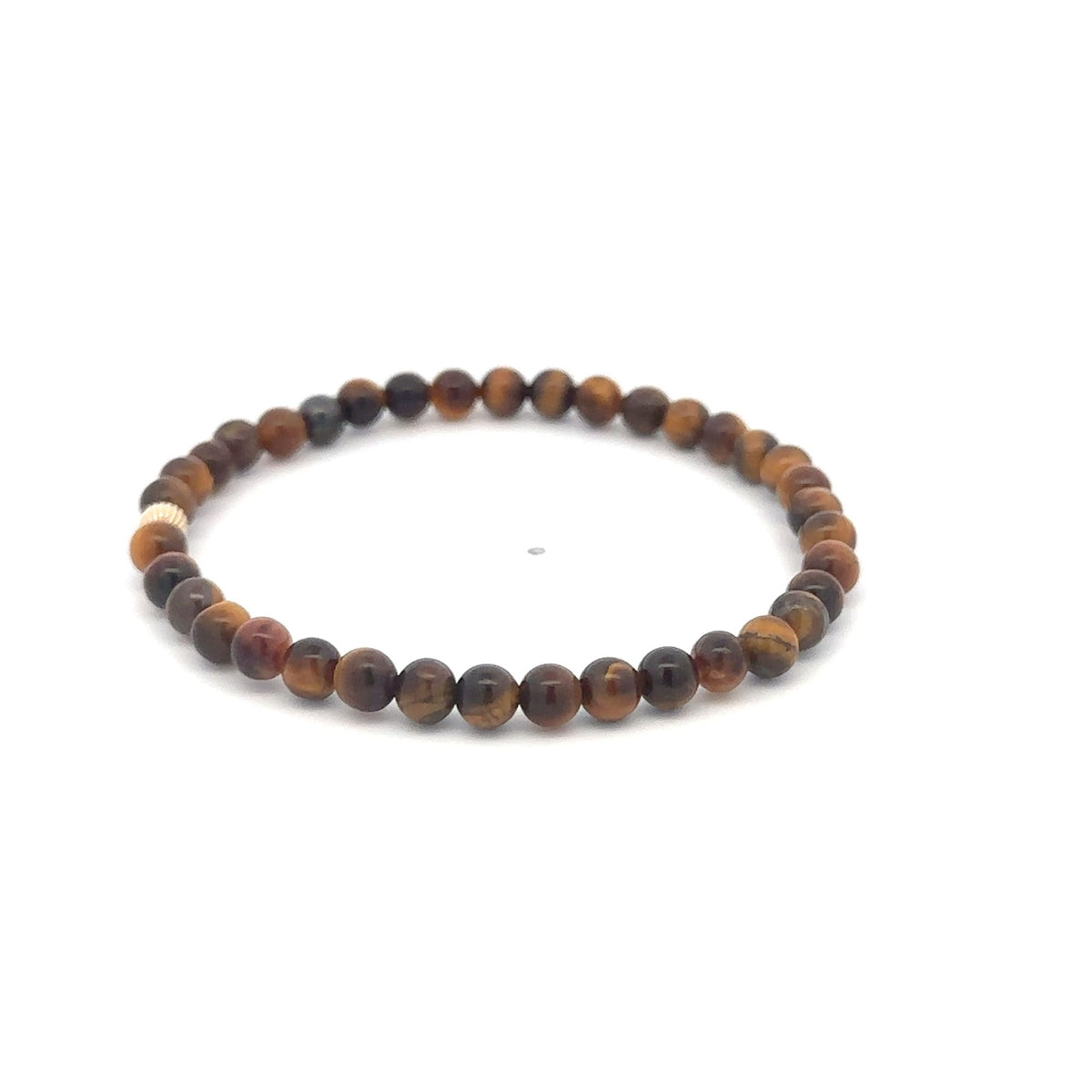 14K Gold Corrugated Accent Bead Natural Tiger's Eye Gemstone Stretch Bracelet – Stackable Fine Jewelry