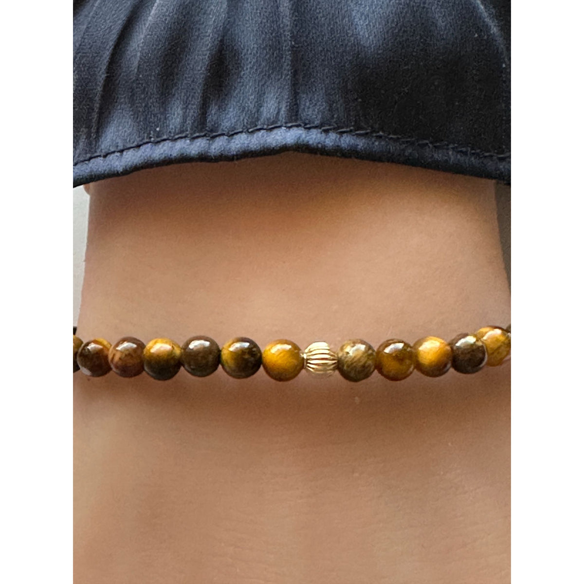 14K Gold Corrugated Accent Bead Natural Tiger's Eye Gemstone Stretch Bracelet – Stackable Fine Jewelry