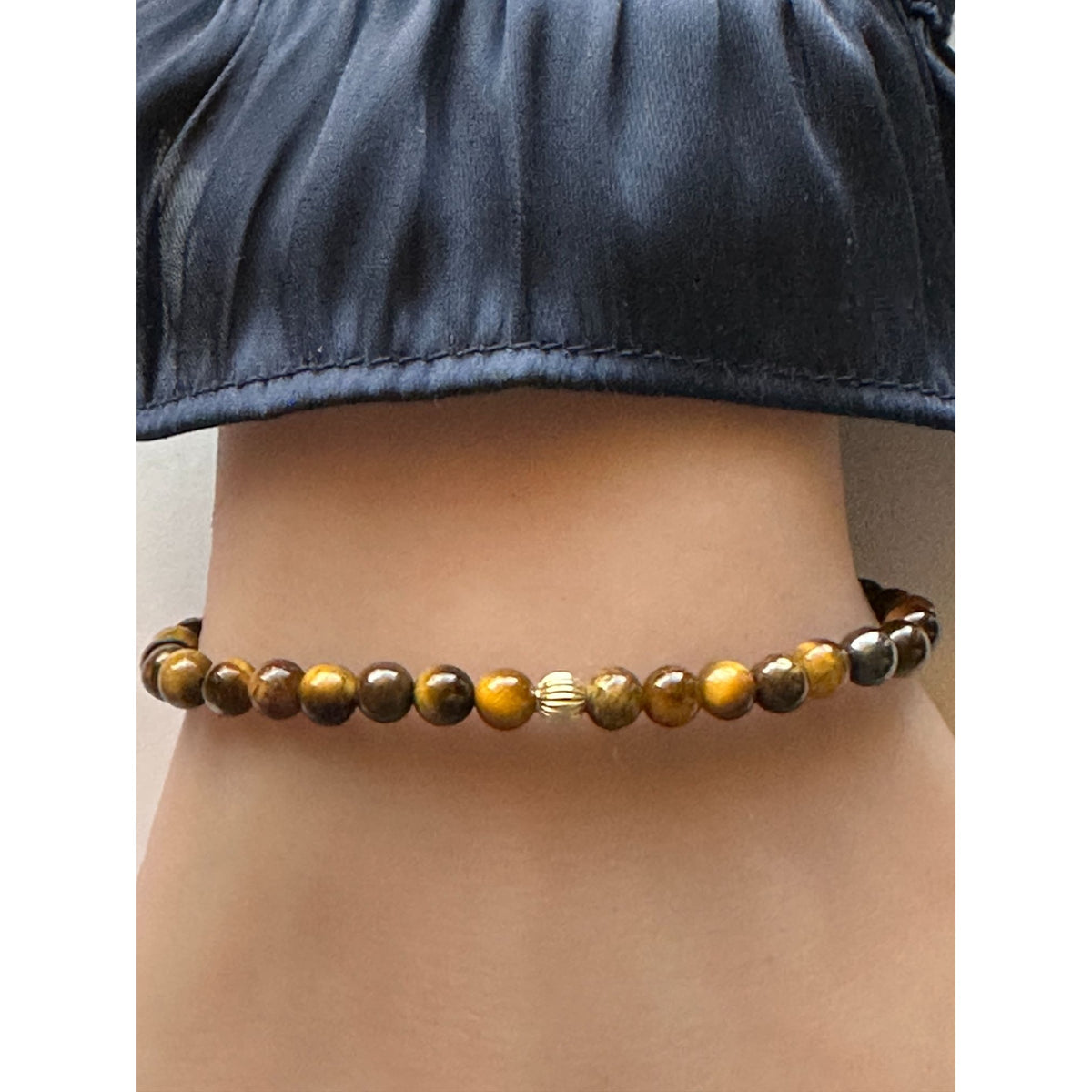 14K Gold Corrugated Accent Bead Natural Tiger's Eye Gemstone Stretch Bracelet – Stackable Fine Jewelry
