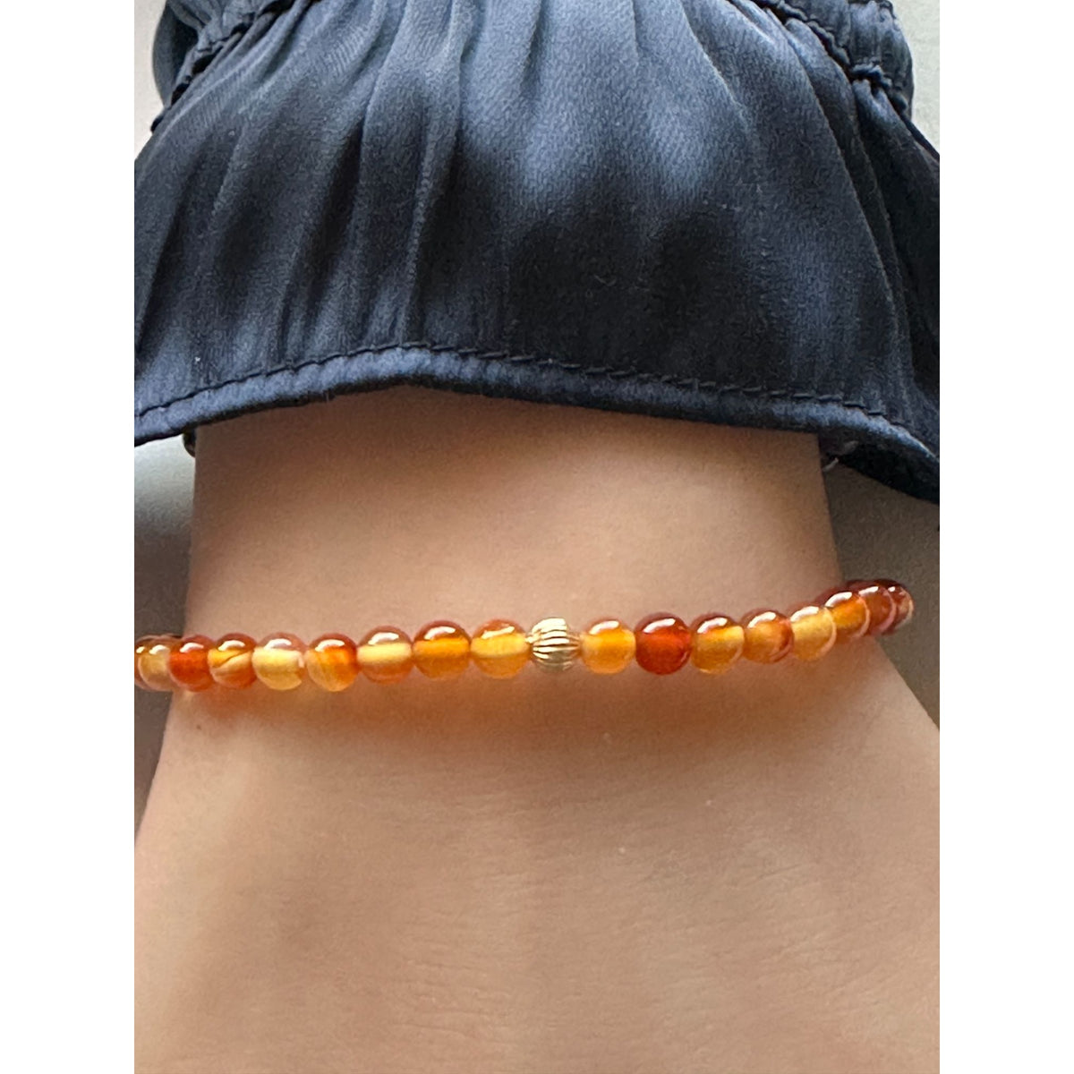 14K Gold Corrugated Accent Bead Natural Tiger's Eye Gemstone Stretch Bracelet – Stackable Fine Jewelry