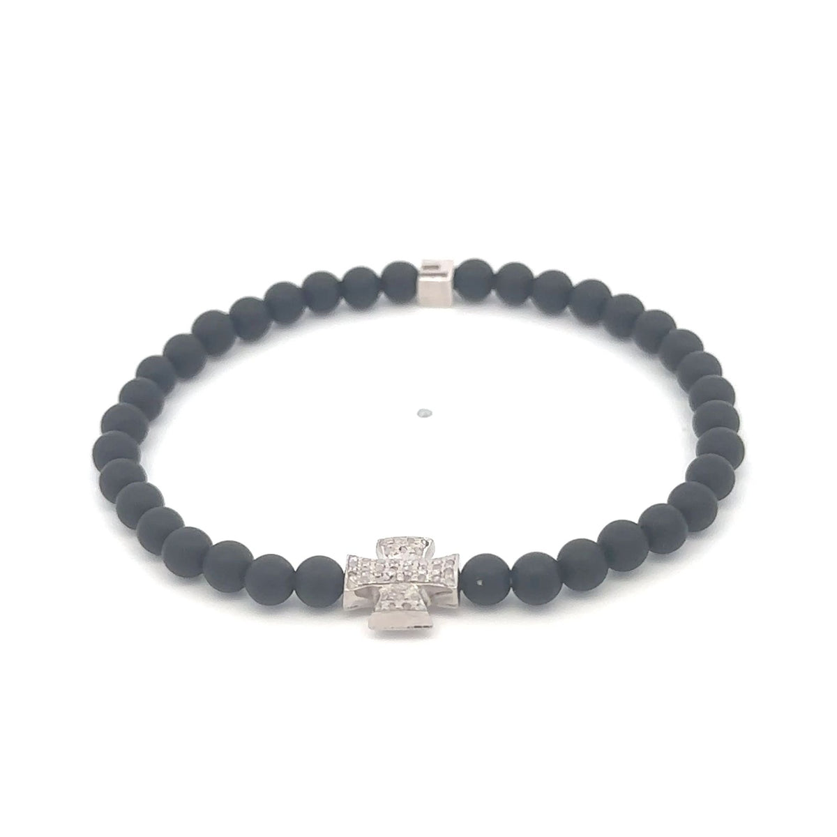 Natural Raw Pavé Diamond Cross Matte Black 4mm Onyx Bead Bracelet Sterling Silver