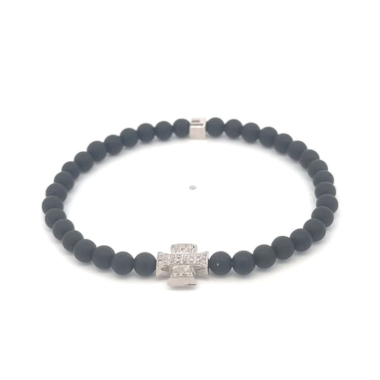 Natural Raw Pavé Diamond Cross Matte Black 4mm Onyx Bead Bracelet Sterling Silver