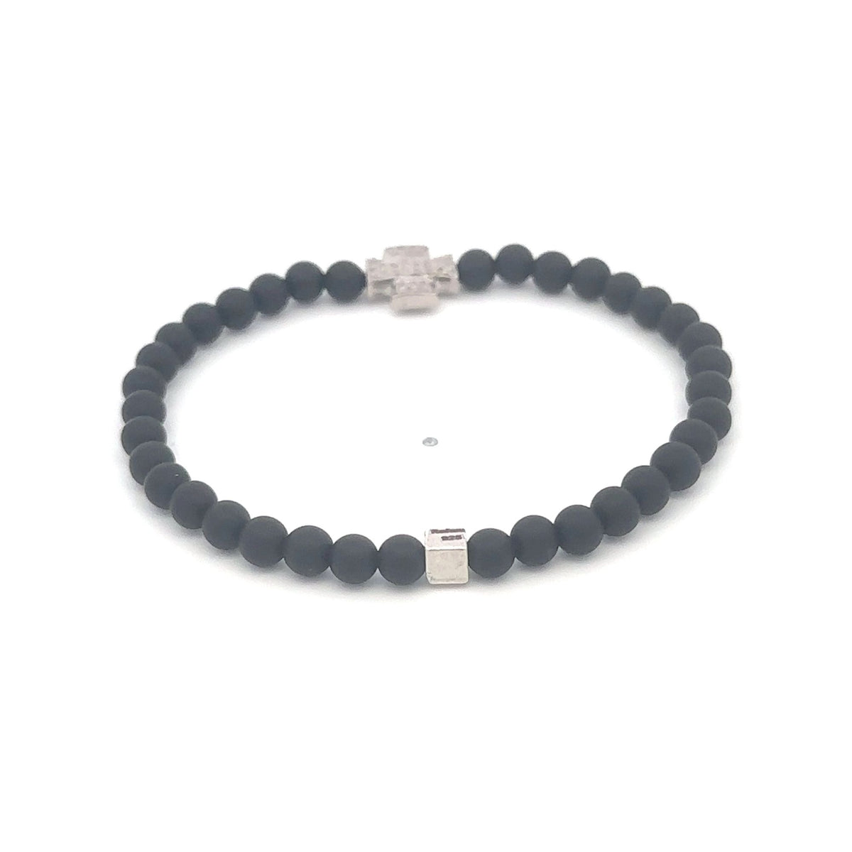 Natural Raw Pavé Diamond Cross Matte Black 4mm Onyx Bead Bracelet Sterling Silver