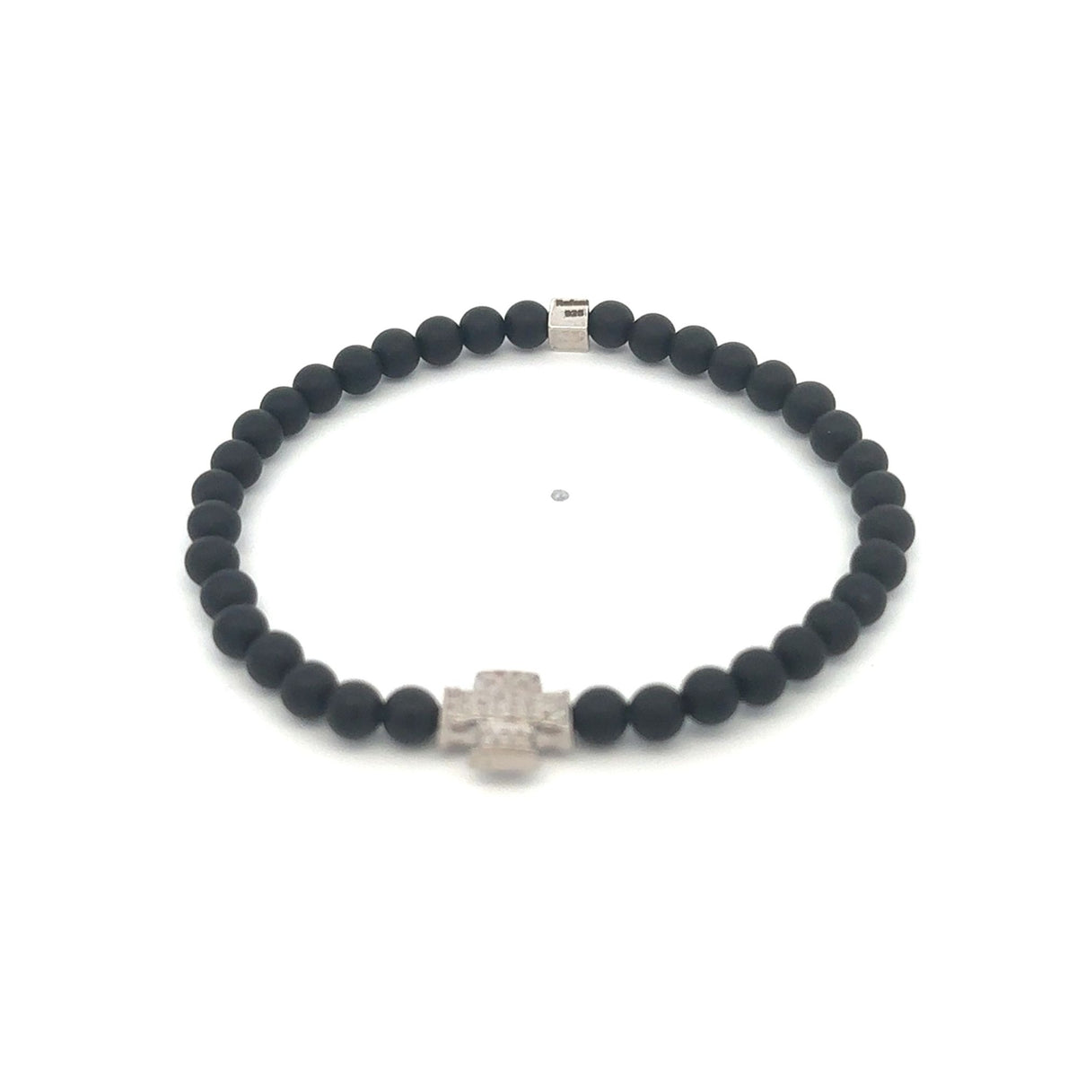 Natural Raw Pavé Diamond Cross Matte Black 4mm Onyx Bead Bracelet Sterling Silver
