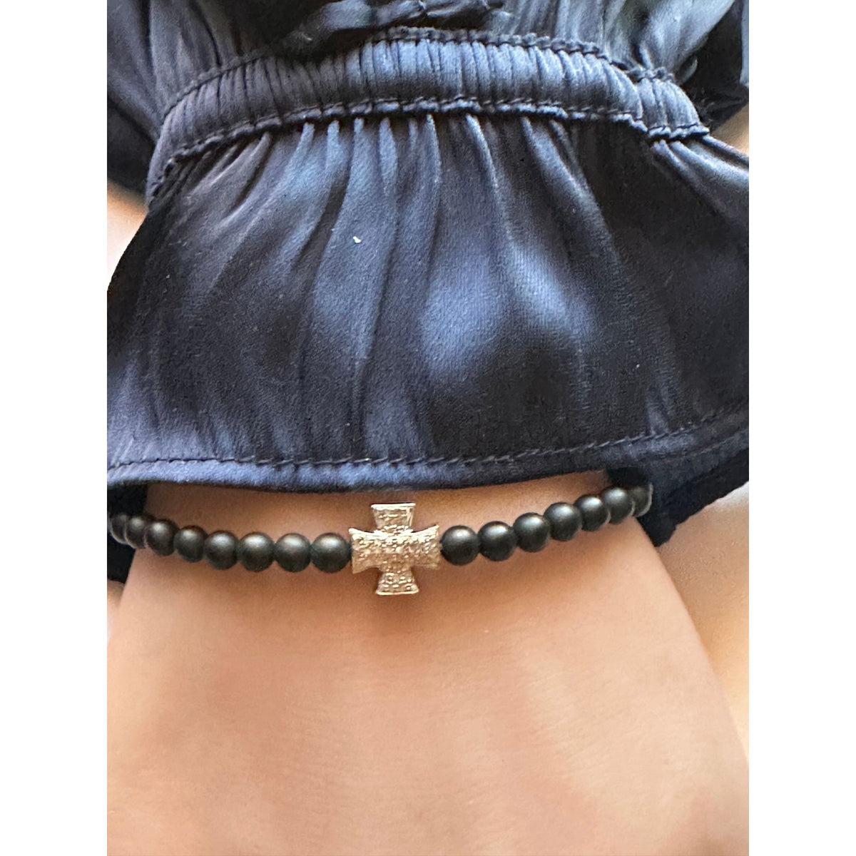 Natural Raw Pavé Diamond Cross Matte Black 4mm Onyx Bead Bracelet Sterling Silver